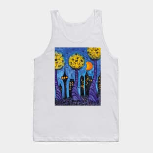 Night city with skyscrapers in the style of a dandelion world Tank Top